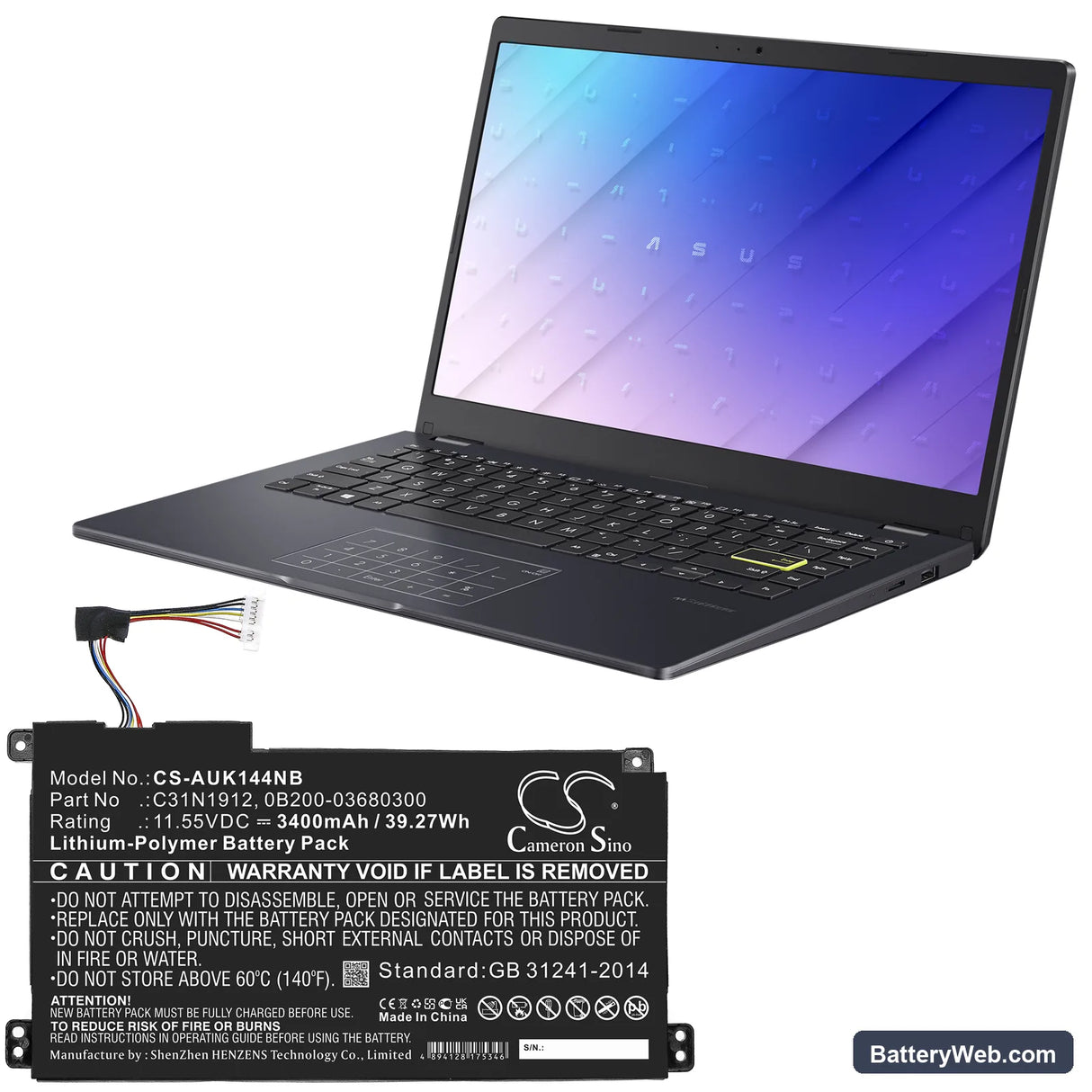 Asus VivoBook 14 E410MA-EK007TS Replacement Battery, 11.55V, 3400mAh, Li-Polymer 6