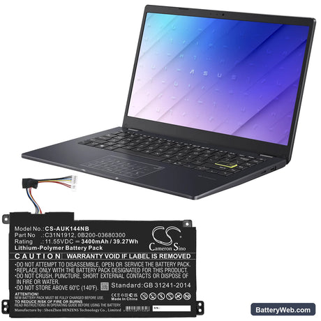 Asus VivoBook 14 E410MA-EK007TS Replacement Battery, 11.55V, 3400mAh, Li-Polymer 6