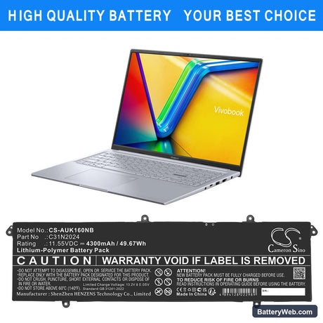 Asus VivoBook 16X K3605VC Replacement Battery, 11.55V, 4300mAh, Li-Polymer 6