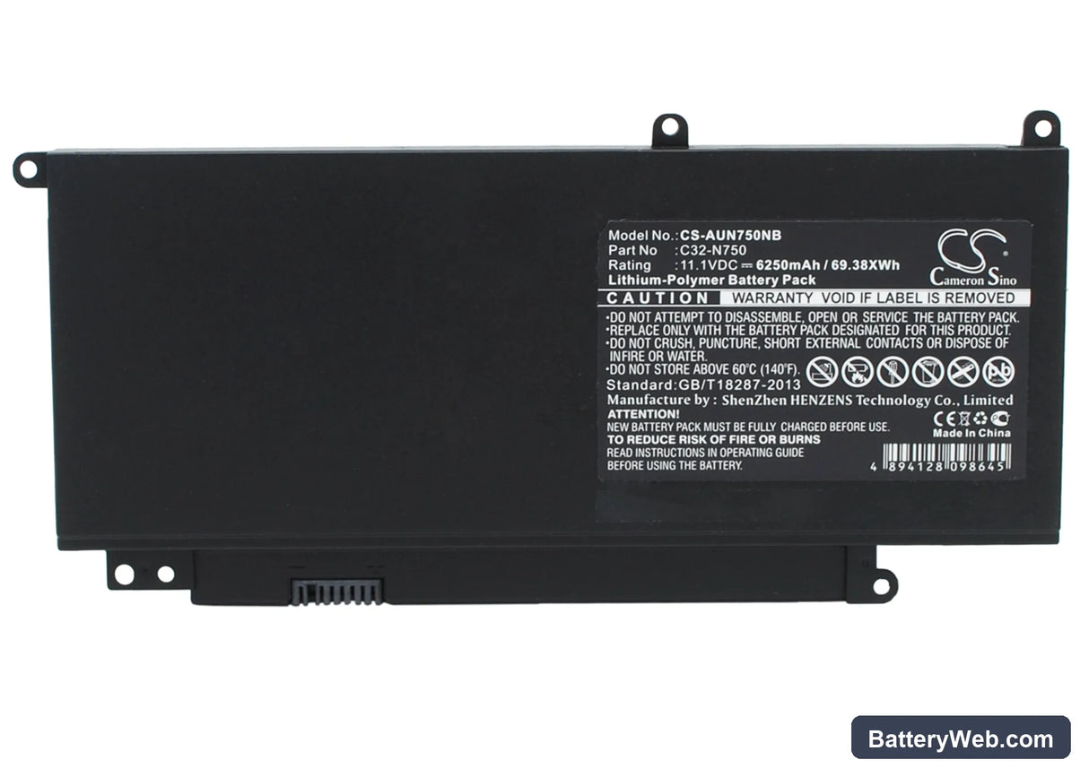 Asus N750 Replacement Battery, 11.1V, 6250mAh, Li-Polymer 1