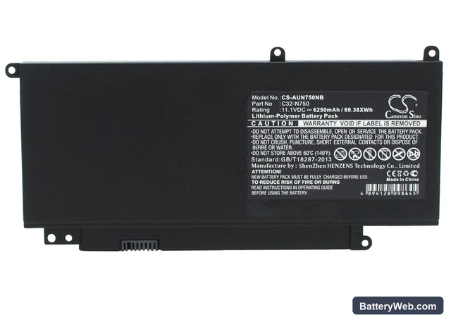 Asus N750 Replacement Battery, 11.1V, 6250mAh, Li-Polymer 1