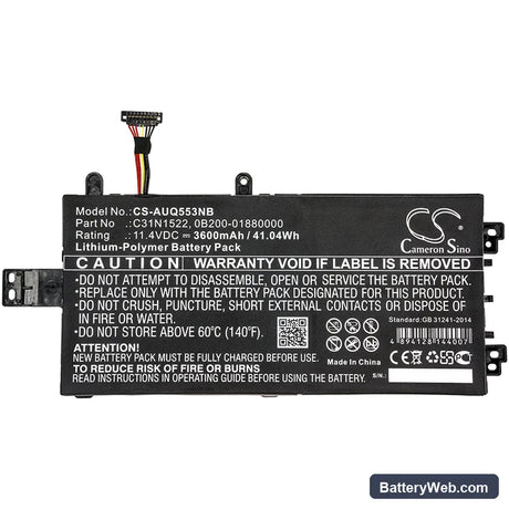 Asus Q553U Replacement Battery, 11.4V, 3600mAh, Li-Polymer 3