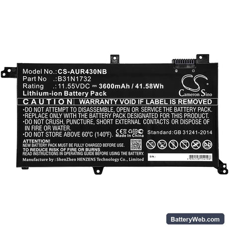 Asus S430UF Replacement Battery, 11.55V, 3600mAh, Li-ion 3