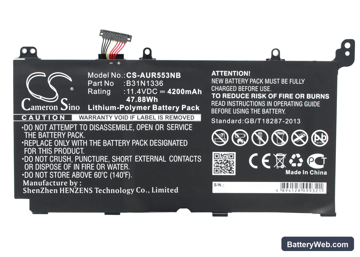Asus R553LN Replacement Battery, 11.4V, 4200mAh, Li-Polymer 1