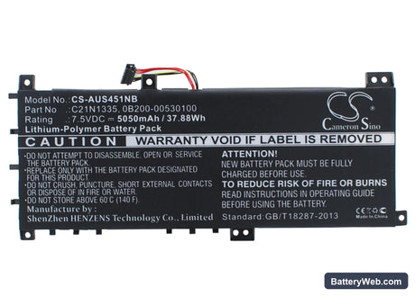 Asus VivoBook S451 Replacement Battery, 7.5V, 5050mAh, Li-Polymer 1