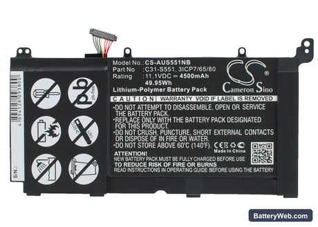 Asus VivoBook S551L Replacement Battery, 11.1V, 4500mAh, Li-Polymer 1