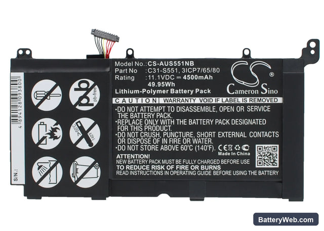 Asus VivoBook S551L Replacement Battery, 11.1V, 4500mAh, Li-Polymer 1