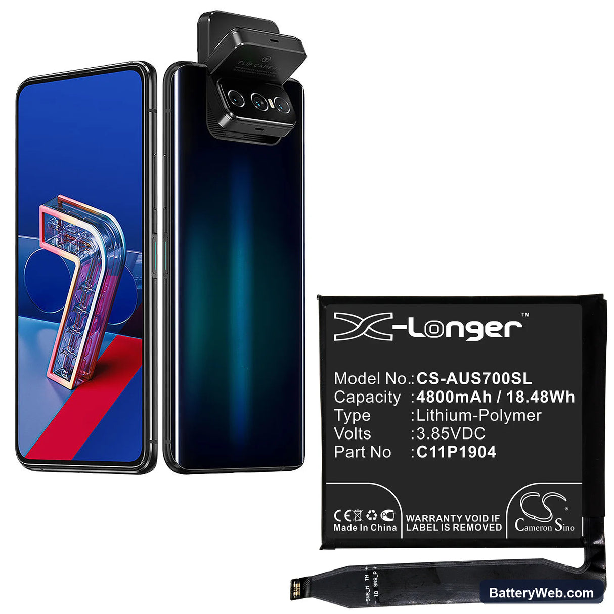Asus ZenFone 7 Replacement Battery, 3.85V, 4800mAh, Li-Polymer 5