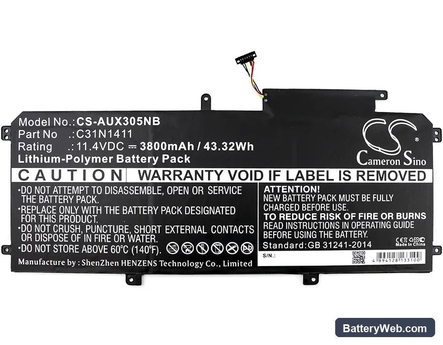 Asus U305CA6Y30 Replacement Battery, 11.4V, 3800mAh, Li-Polymer 3