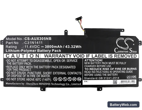 Asus U305CA6Y30 Replacement Battery, 11.4V, 3800mAh, Li-Polymer 3