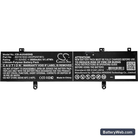Asus X405 Replacement Battery, 11.52V, 3600mAh, Li-Polymer 3