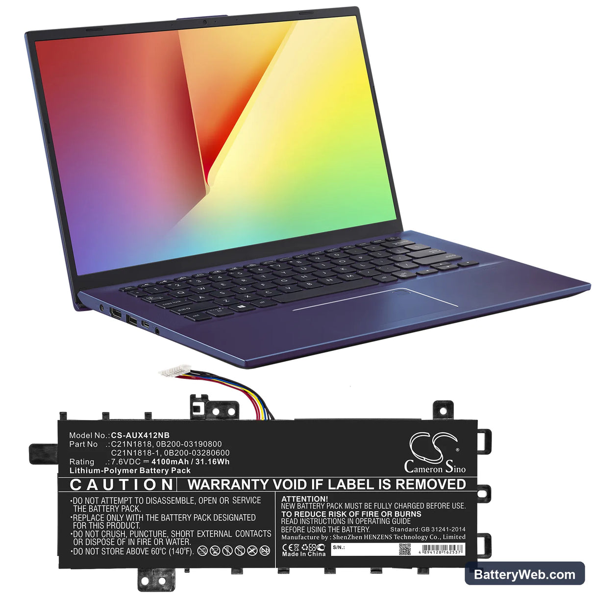 Asus A412FA Replacement Battery, 7.6V, 4100mAh, Li-Polymer 5