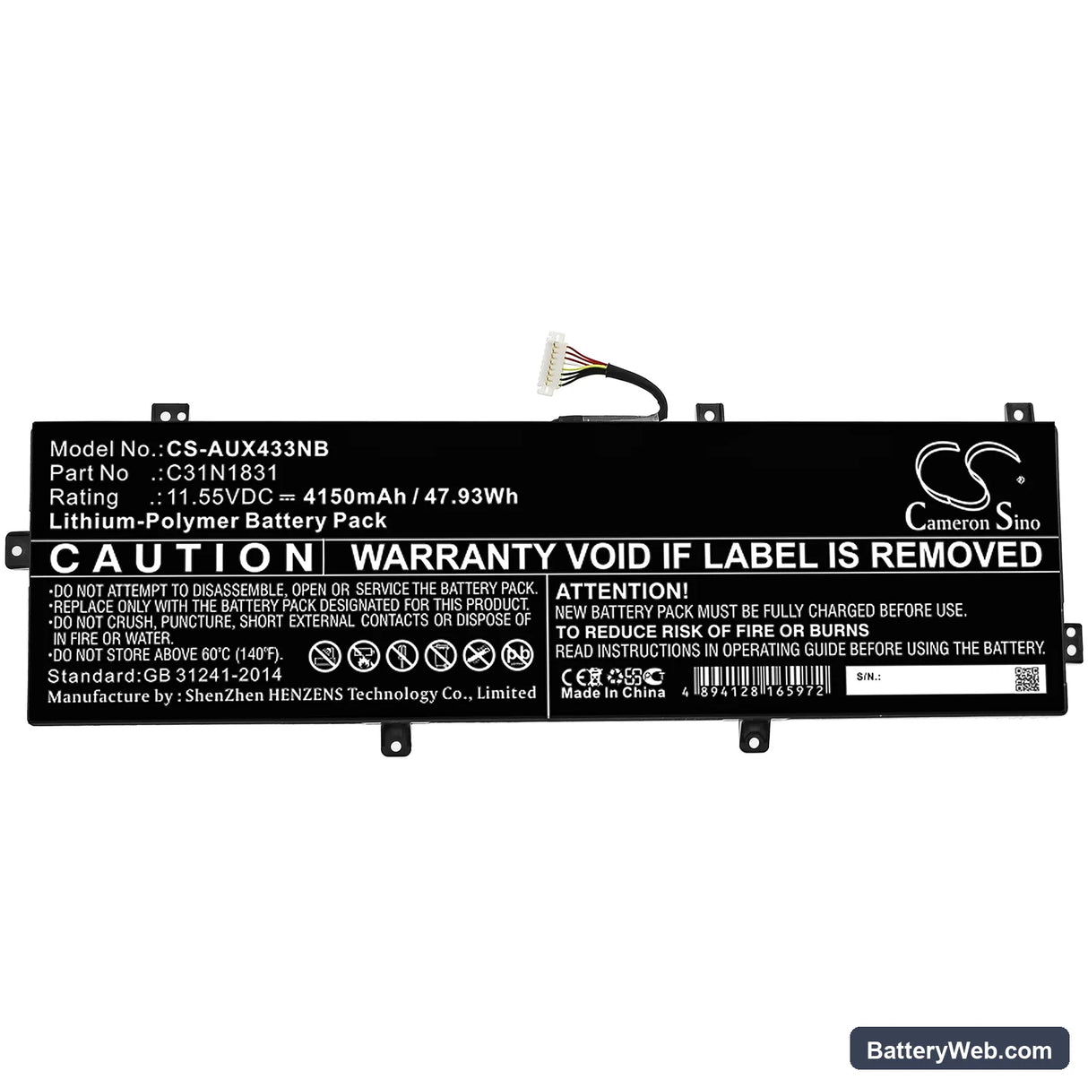 Asus Zenbook 14 UX433FQ-A5105R Replacement Battery, 11.55V, 4150mAh, Li-Polymer 3