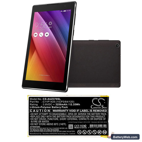 Asus ZenPad 7.0 Z370C Replacement Battery, 3.8V, 3250mAh, Li-Polymer 6