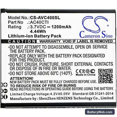 Archos 40C Titanium Replacement Battery, 3.7V, 1200mAh, Li-ion 3