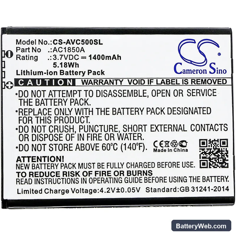 Archos 50c Neon Replacement Battery, 3.7V, 1400mAh, Li-ion 3
