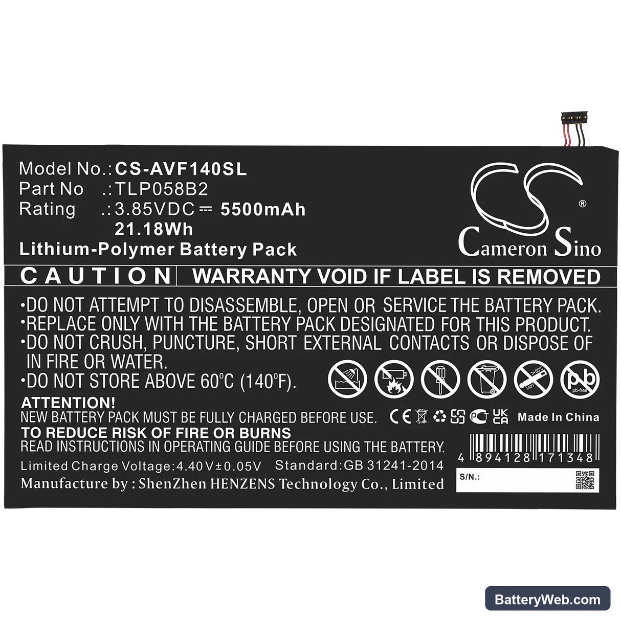 Vodafone Tab Prime 7 Replacement Battery, 3.85V, 5500mAh, Li-Polymer 3