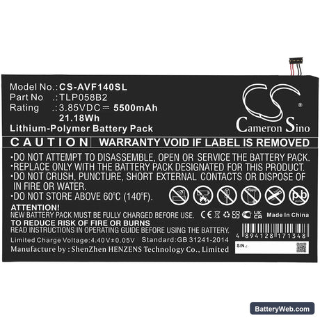 Vodafone Tab Prime 7 Replacement Battery, 3.85V, 5500mAh, Li-Polymer 3