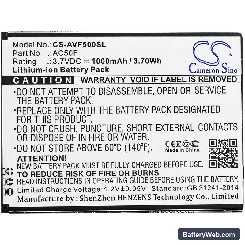 Archos 50F NEON Replacement Battery, 3.7V, 1000mAh, Li-ion 3