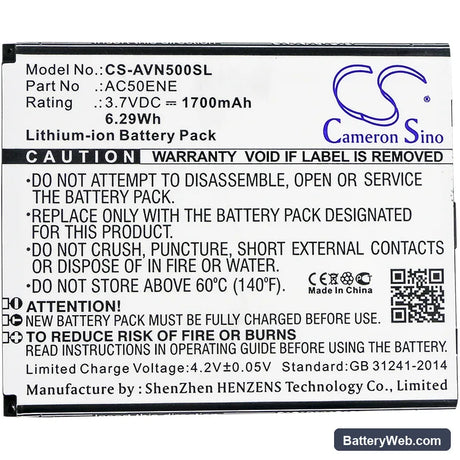 Archos 50e Neon Replacement Battery, 3.7V, 1700mAh, Li-ion 3