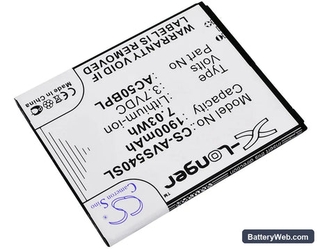 Archos 50b Platinum Replacement Battery, 3.7V, 1900mAh, Li-ion 2