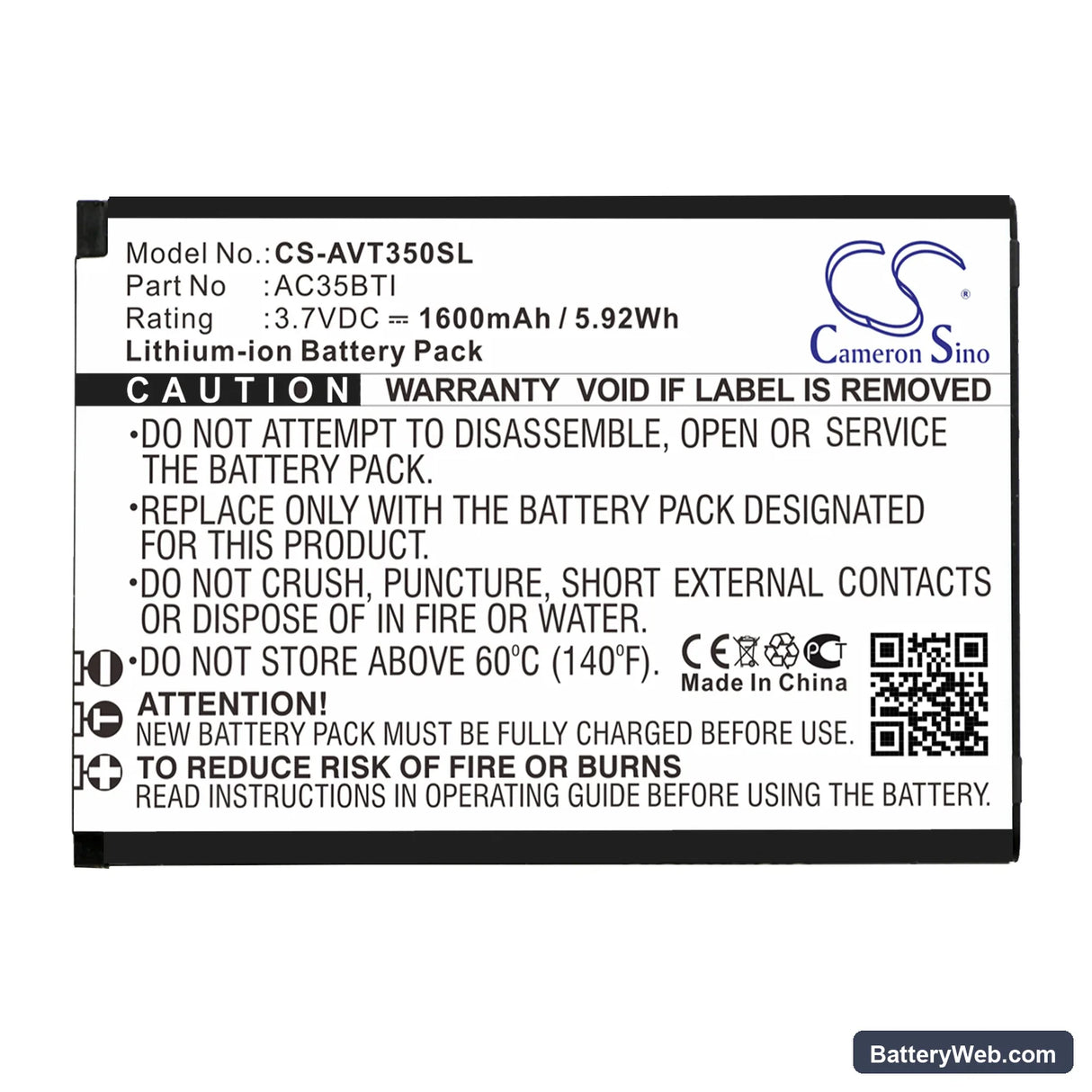 Archos 35b Titanium Replacement Battery, 3.7V, 1600mAh, Li-ion 3