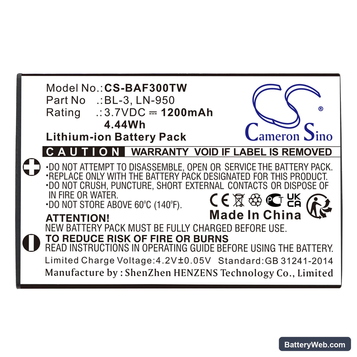 Baofeng UV3R Replacement Battery, 3.7V, 1200mAh, Li-ion 3