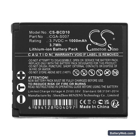 Panasonic Lumix DMC-TZ1EG-S Replacement Battery, 3.7V, 1000mAh, Li-ion 5