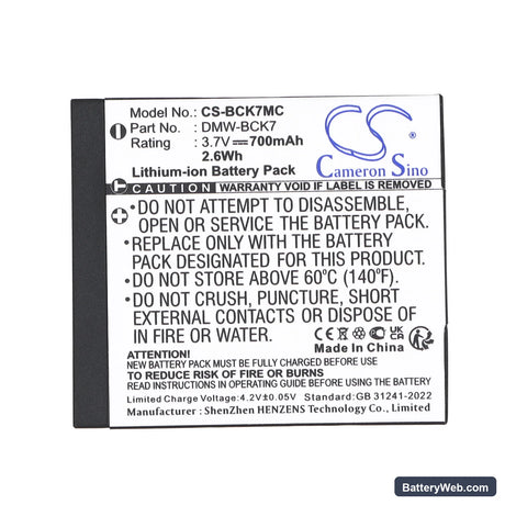 Panasonic Lumix DMC-S3 Replacement Battery, 3.7V, 700mAh, Li-ion 5