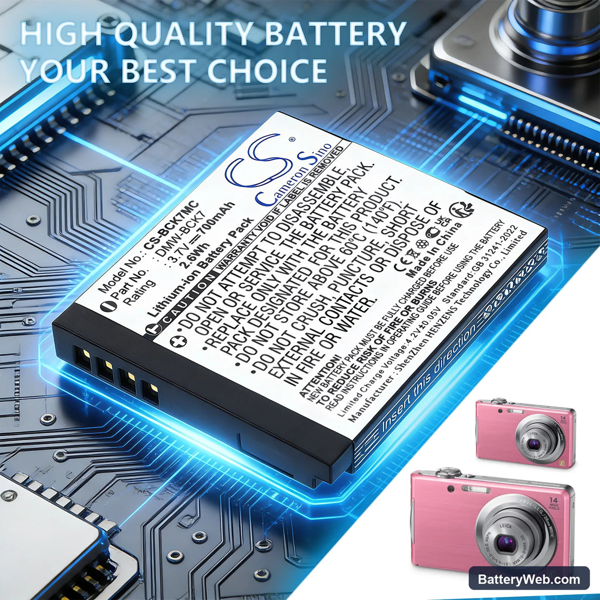 Panasonic Lumix DMC-S3 Replacement Battery, 3.7V, 700mAh, Li-ion 6