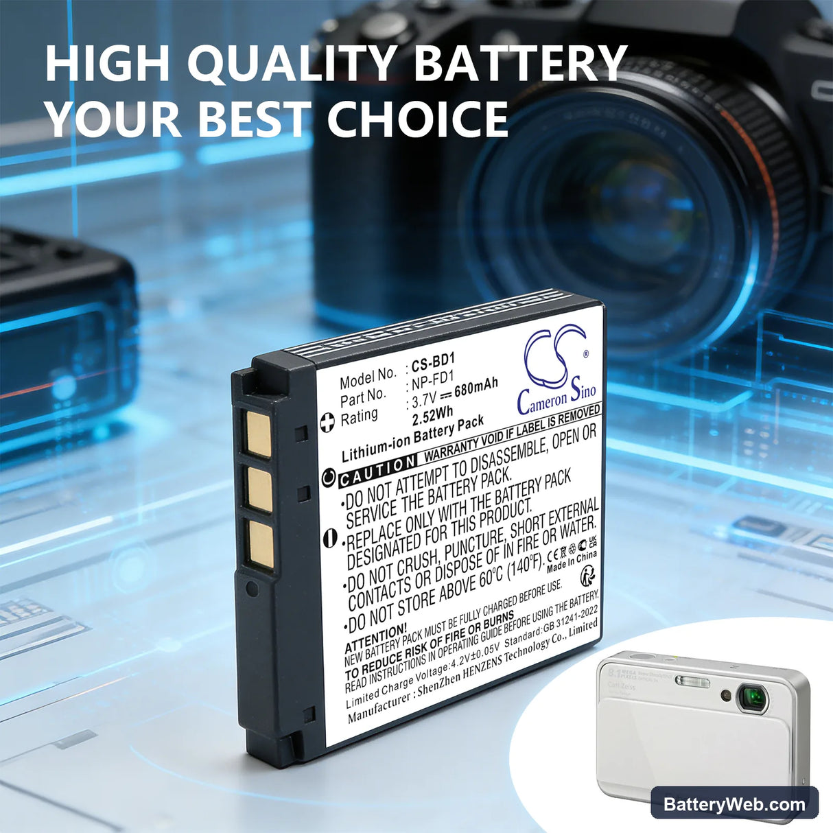 Sony Cyber-shot DSC-T200/B Replacement Battery, 3.7V, 680mAh, Li-ion 6