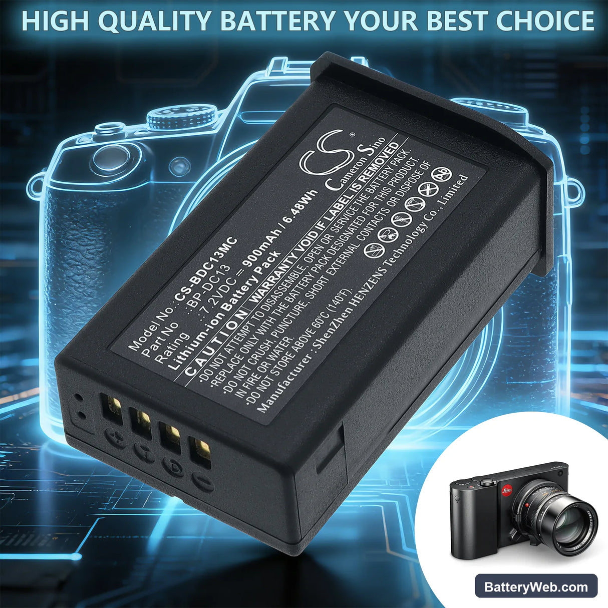 Leica T Replacement Battery, 7.2V, 900mAh, Li-ion 6