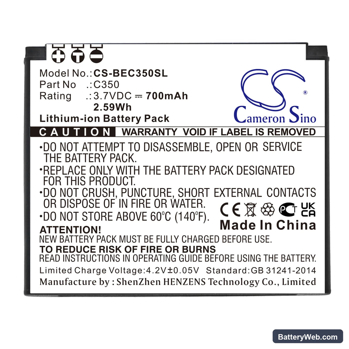 Bea-fon C350 Replacement Battery, 3.7V, 700mAh, Li-ion 3