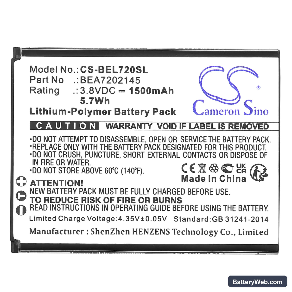 Bea-fon SL720 Replacement Battery, 3.8V, 1500mAh, Li-Polymer 3