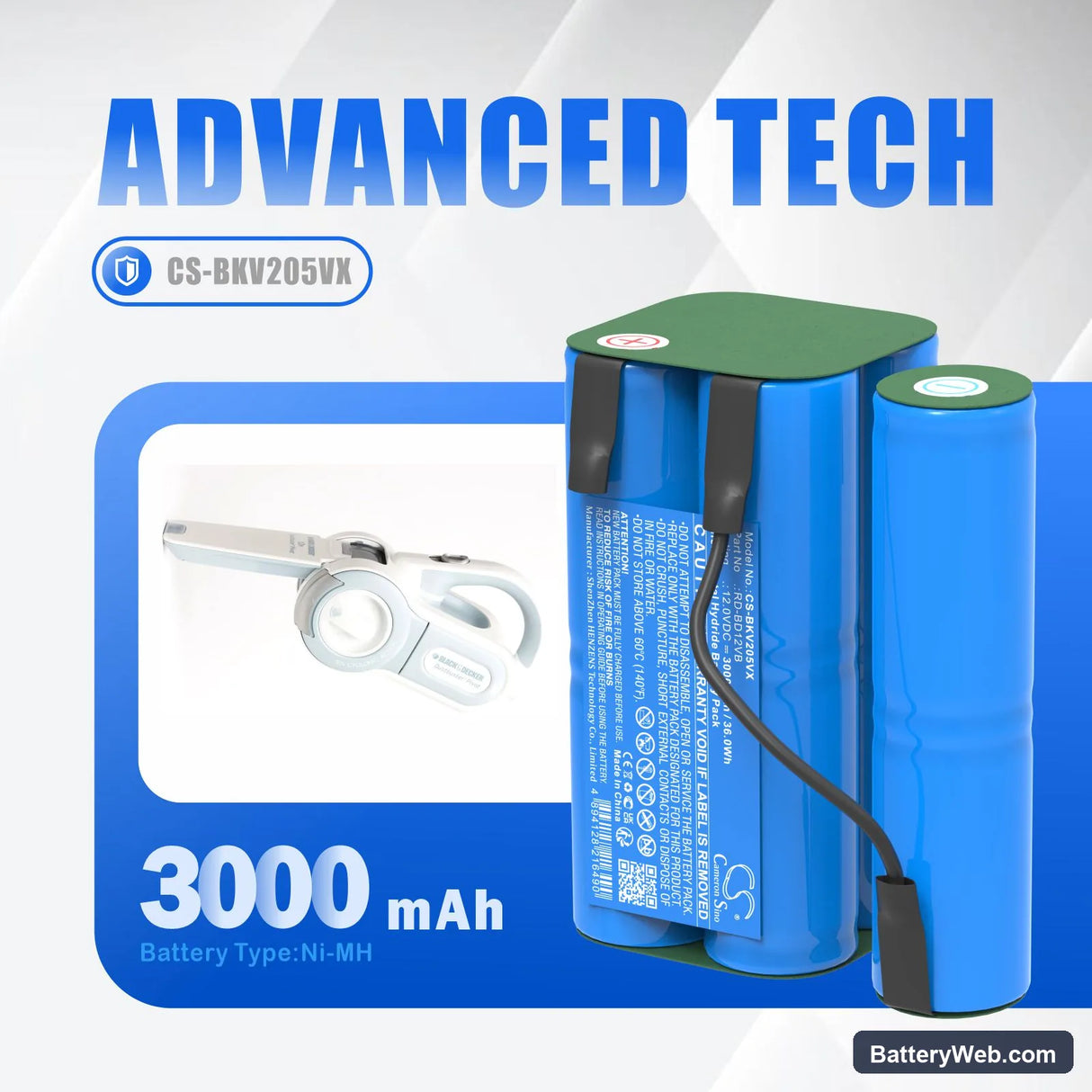 Black+Decker Pivot PV1205B Replacement Battery, 12V, 3000mAh, Ni-MH 7