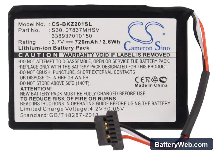 Becker Traffic Assist Z200 Replacement Battery, 3.7V, 720mAh, Li-ion 5