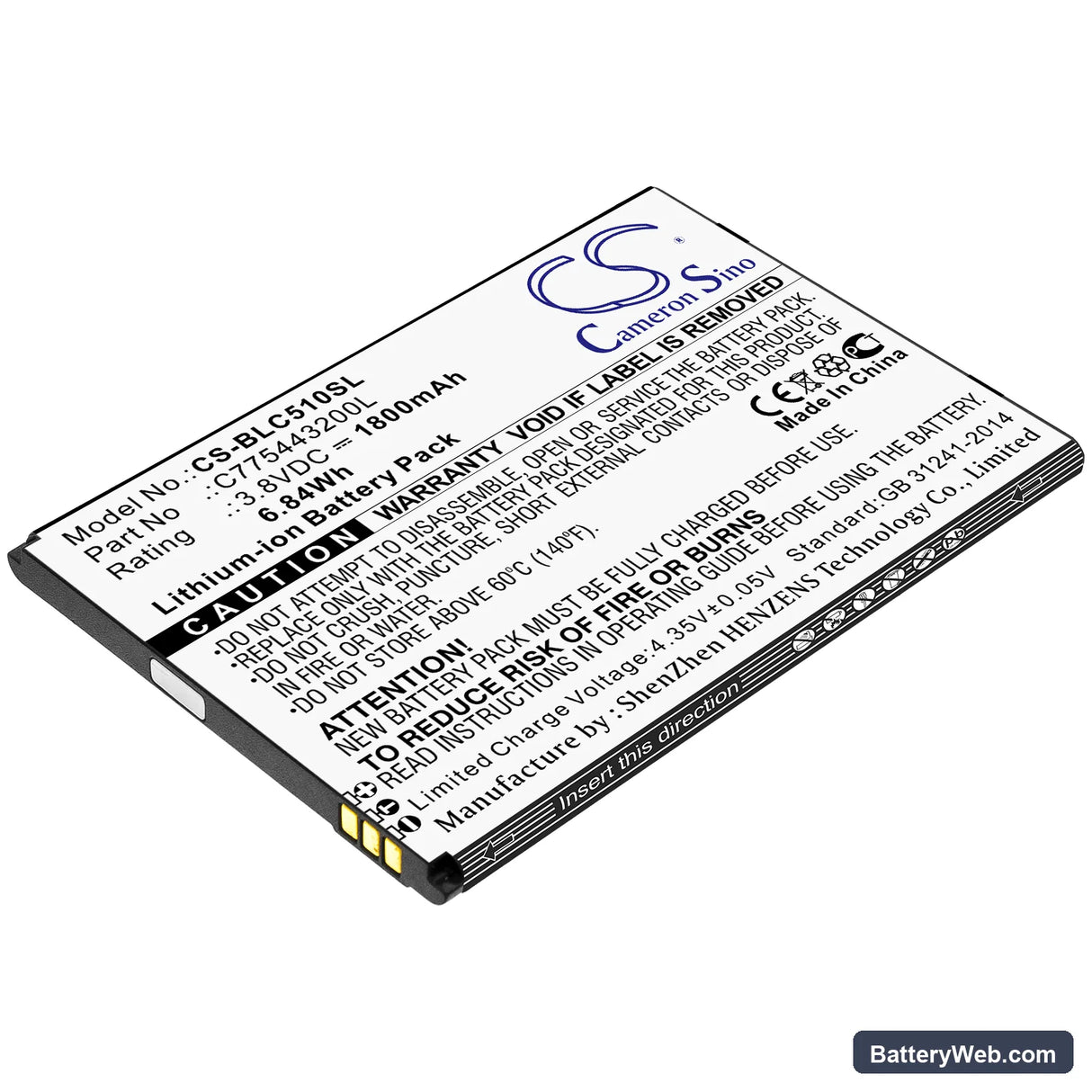 BLU C5L Replacement Battery, 3.8V, 1800mAh, Li-ion 1