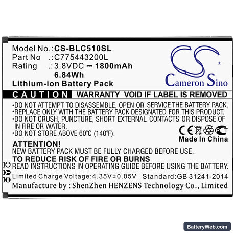 BLU C5L Replacement Battery, 3.8V, 1800mAh, Li-ion 3