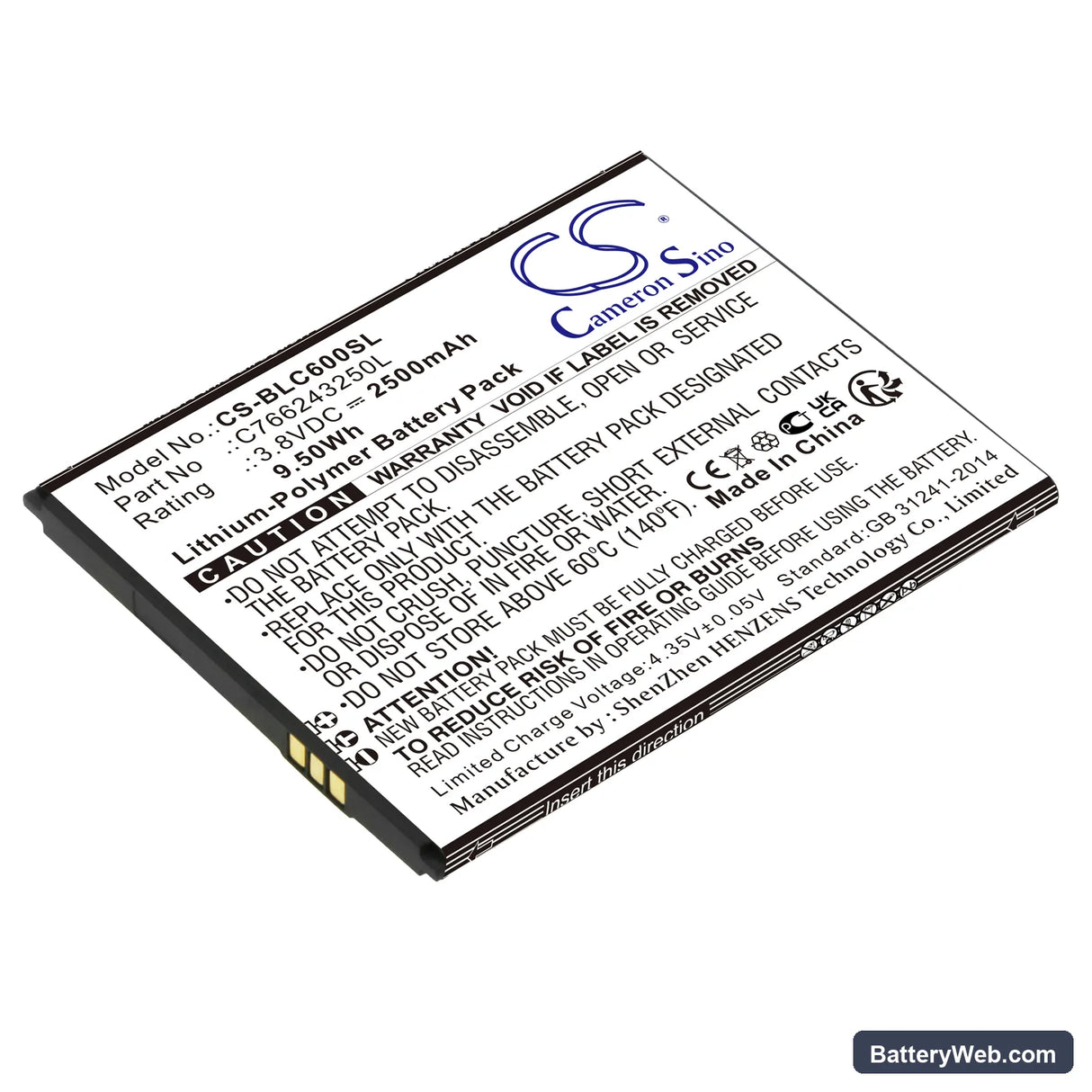 BLU C6 Replacement Battery, 3.8V, 2500mAh, Li-Polymer 1