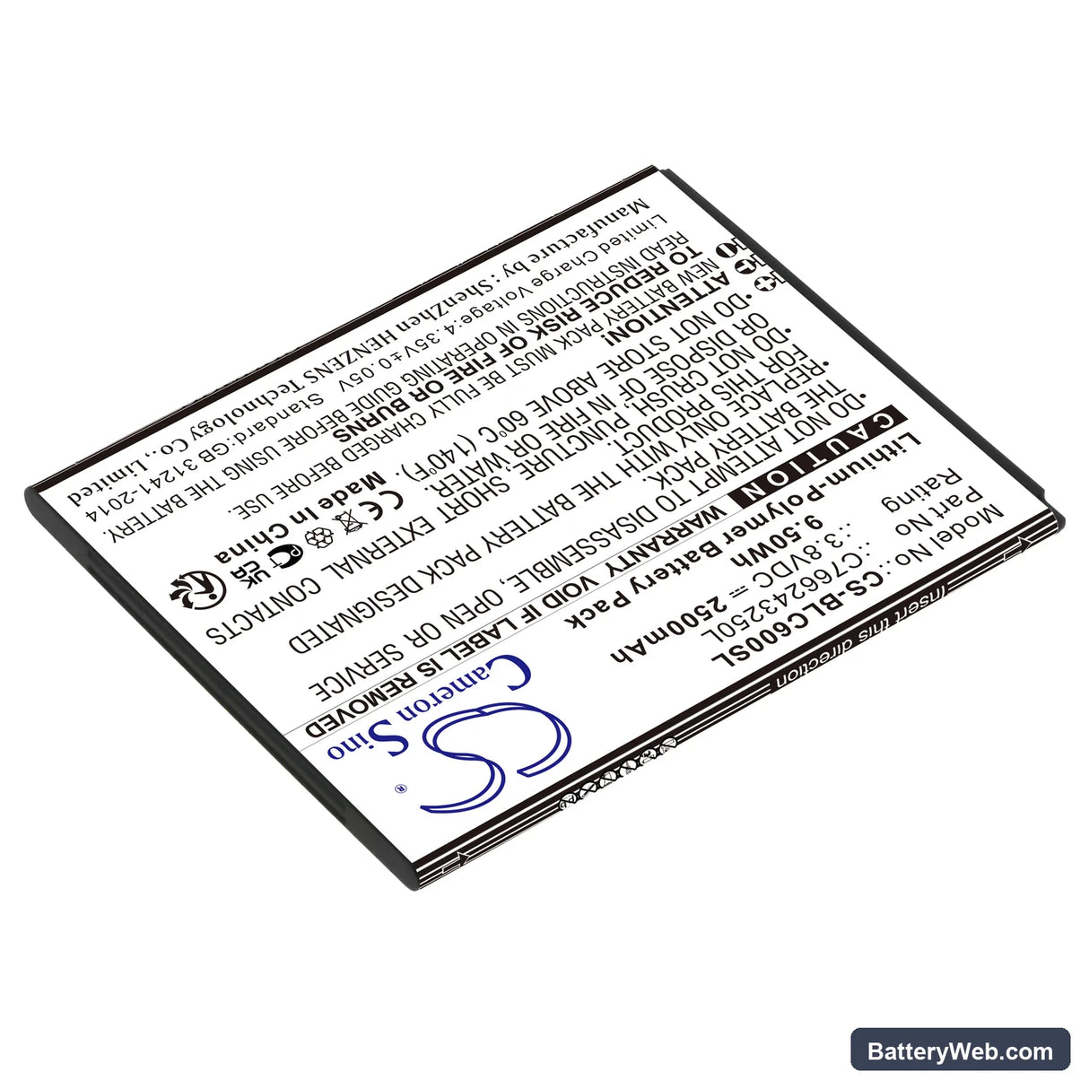 BLU C6 Replacement Battery, 3.8V, 2500mAh, Li-Polymer 2