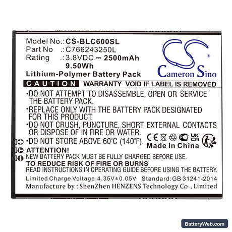 BLU C6 Replacement Battery, 3.8V, 2500mAh, Li-Polymer 3