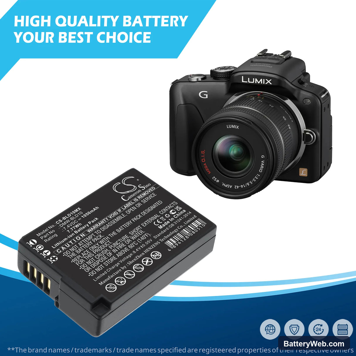 Panasonic Lumix DMC-GF2 Replacement Battery, 7.4V, 1050mAh, Li-ion 6