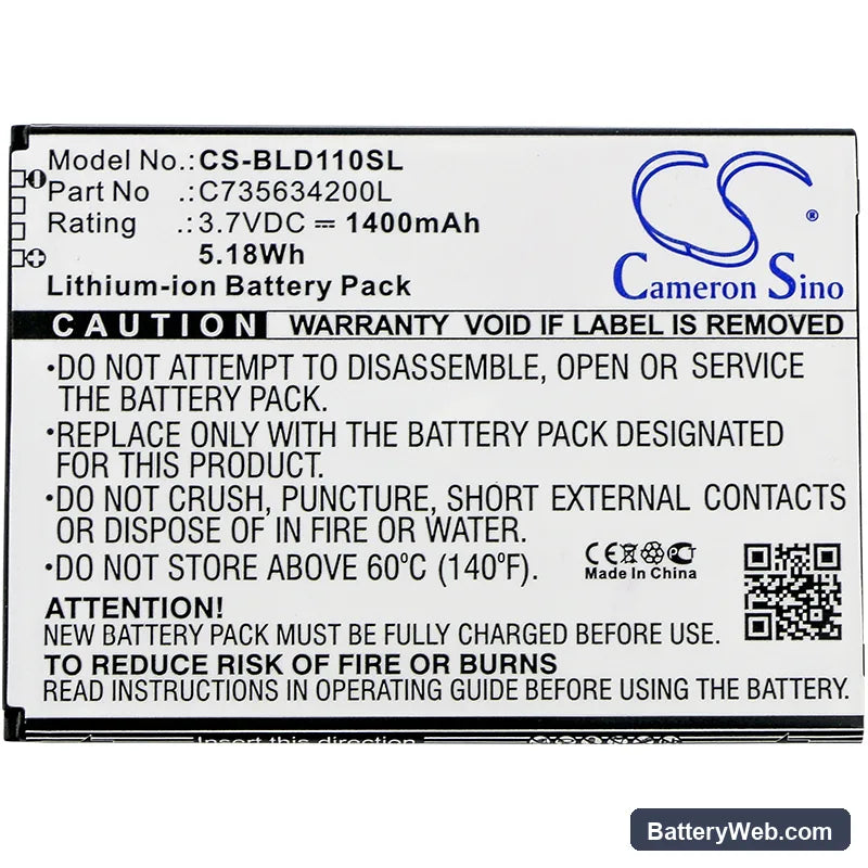 BLU Studio M HD Replacement Battery, 3.7V, 1400mAh, Li-ion 3