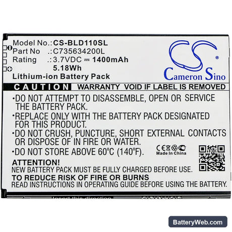 BLU Studio M HD Replacement Battery, 3.7V, 1400mAh, Li-ion 3