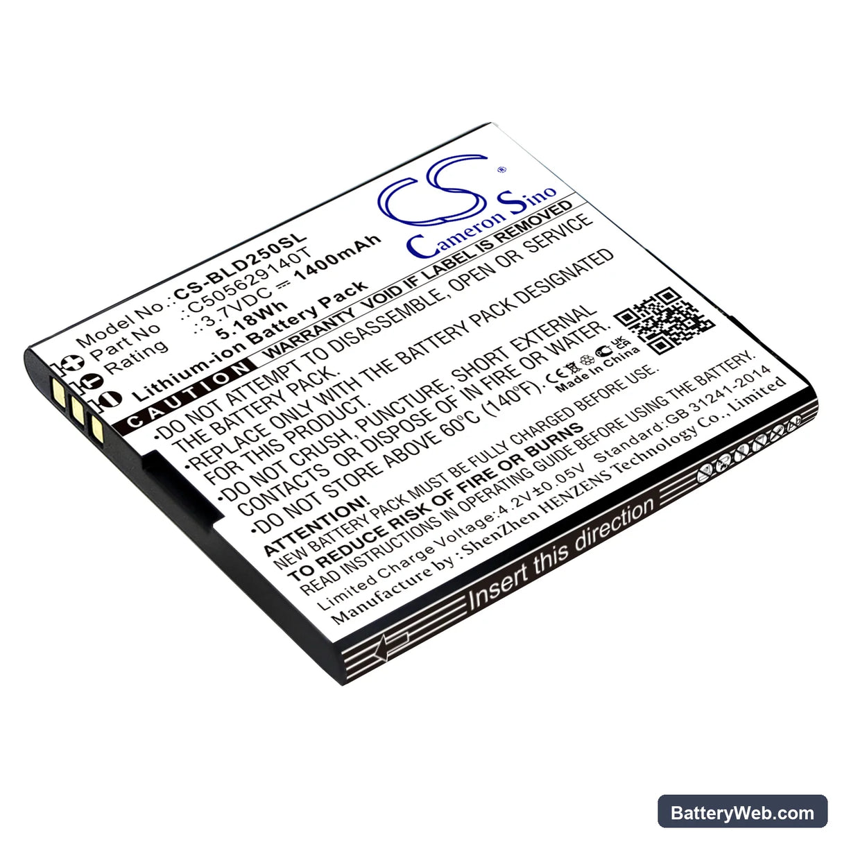 BLU Dash L2 Replacement Battery, 3.7V, 1400mAh, Li-ion 1