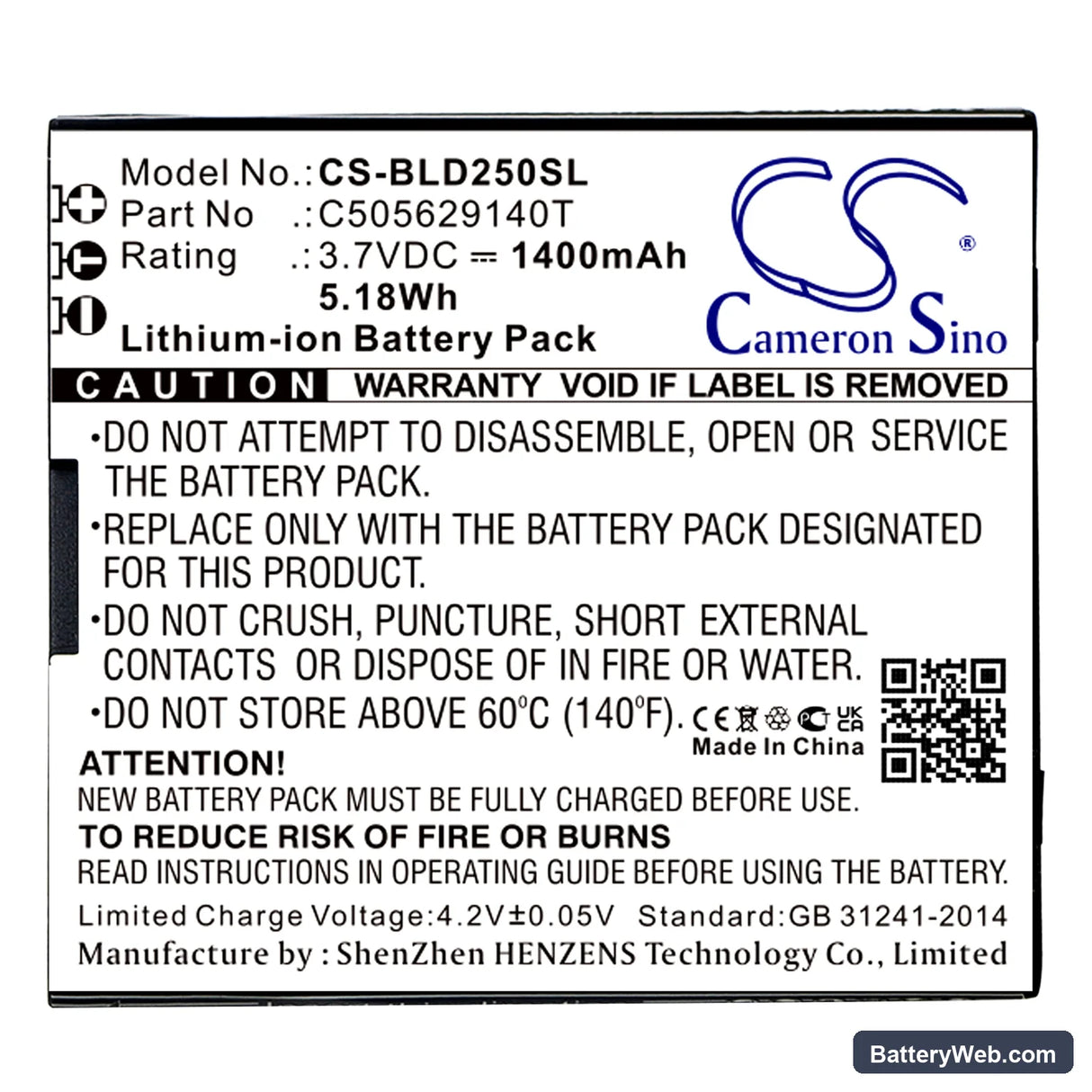 BLU Dash L2 Replacement Battery, 3.7V, 1400mAh, Li-ion 3