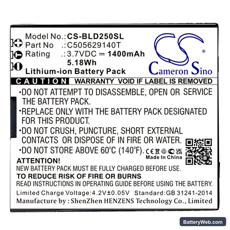 BLU Dash L2 Replacement Battery, 3.7V, 1400mAh, Li-ion 3