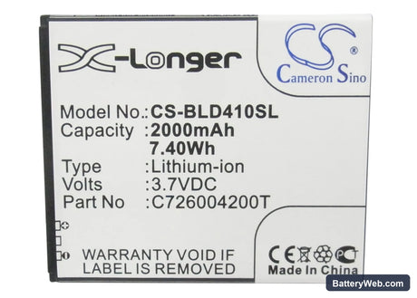 BLU Dash 5.0 Replacement Battery, 3.7V, 2000mAh, Li-ion 5