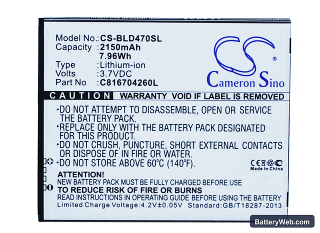 BLU Dash 5.5 Replacement Battery, 3.7V, 2150mAh, Li-ion 1