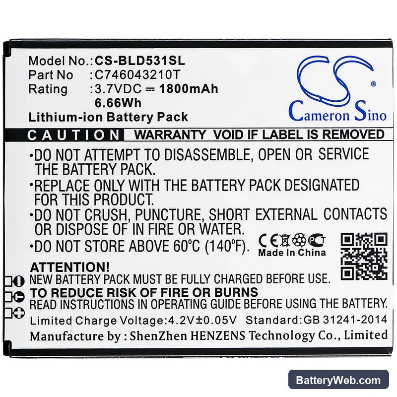 BLU Studio 5.0K Replacement Battery, 3.7V, 1800mAh, Li-ion 3